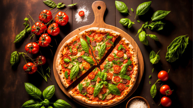 Pizza slices basil tomatoes wooden free wallpaper for desktop - medium preview image