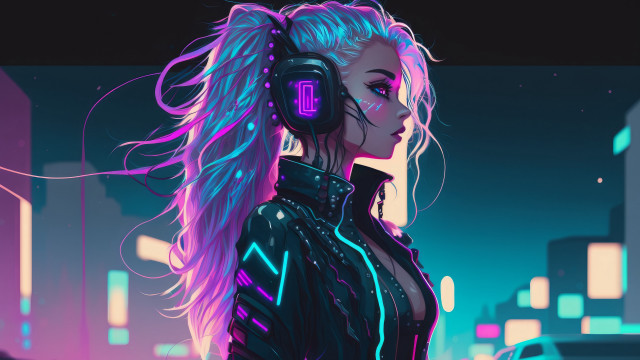 Neon city cyberpunk woman headphones free wallpaper for desktop - medium preview image