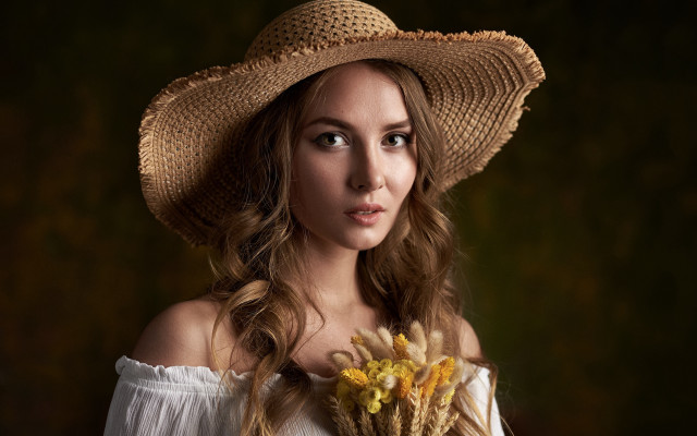 Woman strawhat flowers serious portrait free wallpaper for desktop - medium preview image