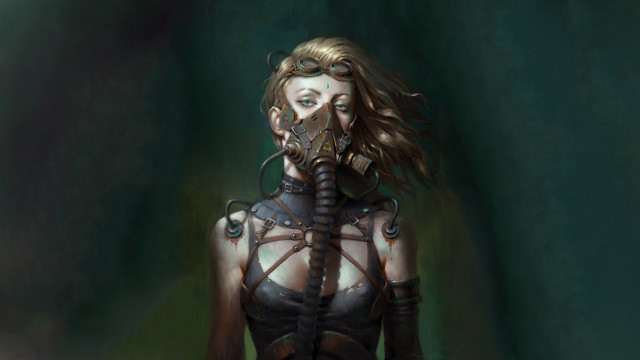 Woman gasmask fantasy cyberpunk dystopian free wallpaper for desktop - medium preview image