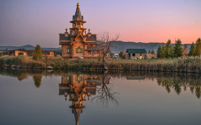 Wooden church reflection sunset mountains free wallpaper for desktop - medium preview image