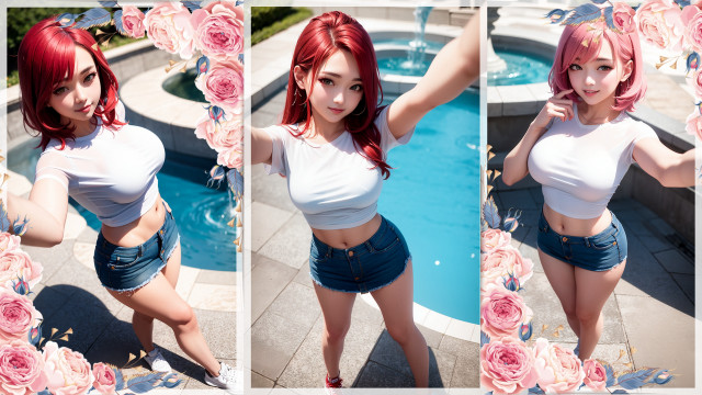 Redhair woman pool roses white free wallpaper for desktop - medium preview image