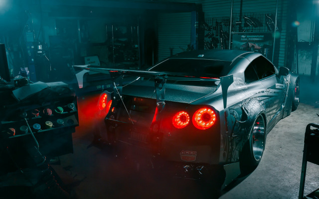 Car red lights garage foggy free wallpaper for desktop - medium preview image