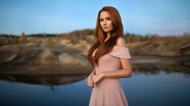 Woman dress lake mountain blue free wallpaper for desktop - medium preview image