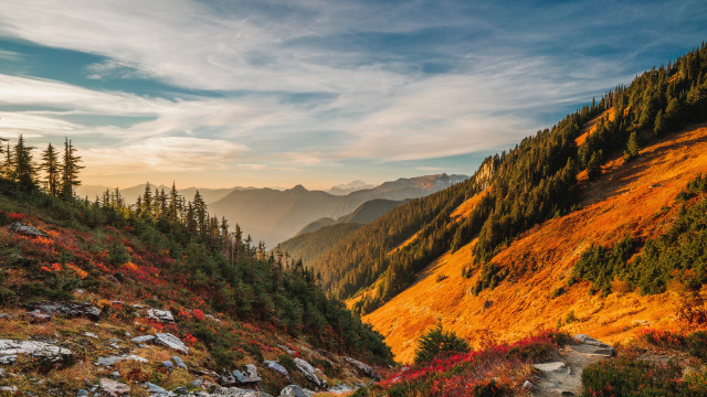 Mountain valley trees sunset clouds free wallpaper for desktop - medium preview image
