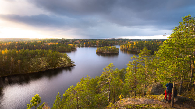 Cliff lake forest cloudy sky free wallpaper for desktop - medium preview image