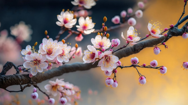 Branch pink flowers yellow leaves free wallpaper for desktop - medium preview image