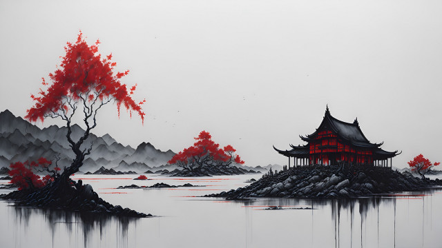 Red pagoda lake mountains autumn free wallpaper for desktop - medium preview image