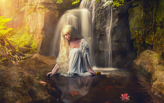 Woman waterfall forest autumn dress free wallpaper for desktop - medium preview image