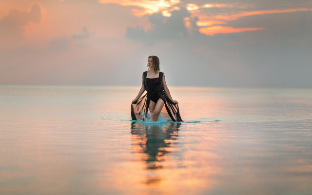 Woman surfboard sunset beach mountain free wallpaper for desktop - medium preview image