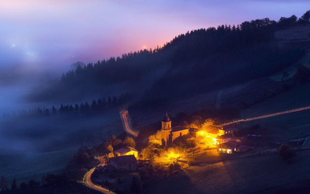 Mountain village night fog cinematic free wallpaper for desktop - medium preview image
