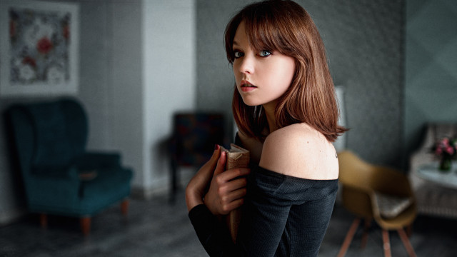 Red haired woman cup serious free wallpaper for desktop - medium preview image