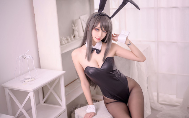 Bunny costume woman knife scissors free wallpaper for desktop - medium preview image