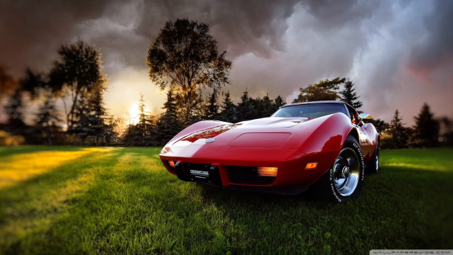 Red sports car field cloudy #2 free wallpaper for desktop - medium preview image