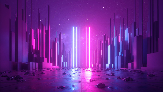 Futuristic city neon rocks debris free wallpaper for desktop - medium preview image