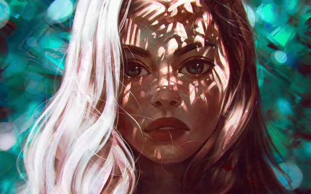 White haired freckled woman green free wallpaper for desktop - medium preview image