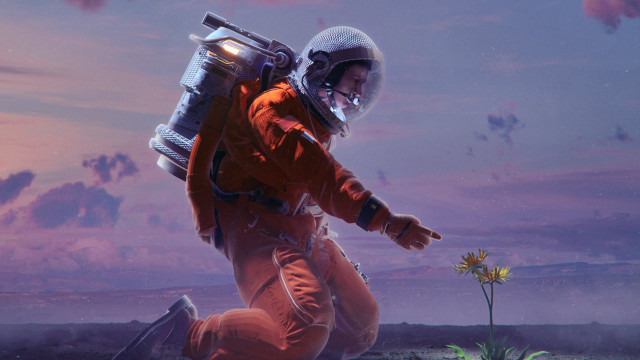 Orange space suit man flower free wallpaper for desktop - medium preview image