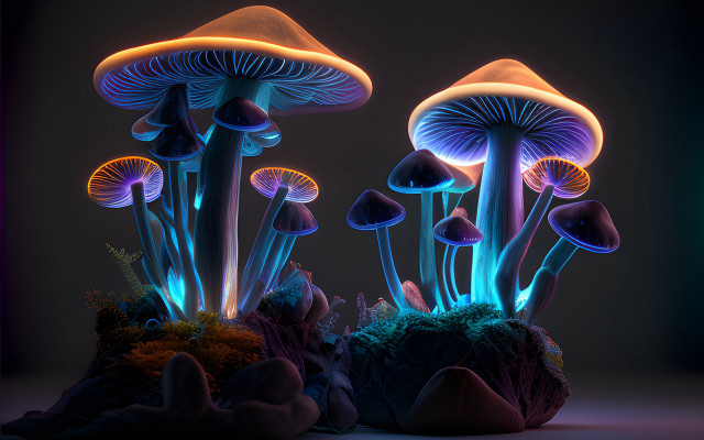 Glowing mushrooms psychedelic 3d volumetric free wallpaper for desktop - medium preview image
