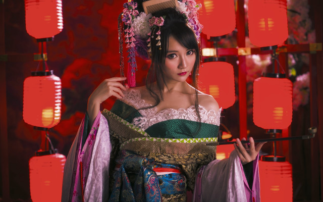 Woman fan lamp redbackground chinese free wallpaper for desktop - medium preview image