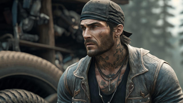 Tattooed man leather jacket tires free wallpaper for desktop - medium preview image