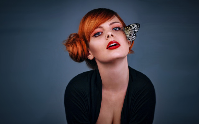 Butterfly head portrait blackshirt redlips free wallpaper for desktop - medium preview image