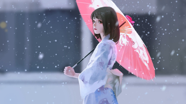 Woman kimono umbrella snow night free wallpaper for desktop - medium preview image