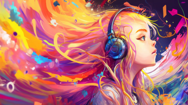 Psychedelic girl fire wings headphones free wallpaper for desktop - medium preview image