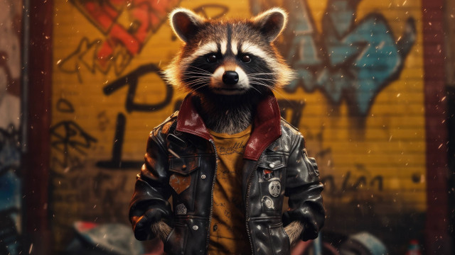 Raccoon leatherjacket scarf graffitibackground 3d free wallpaper for desktop - medium preview image
