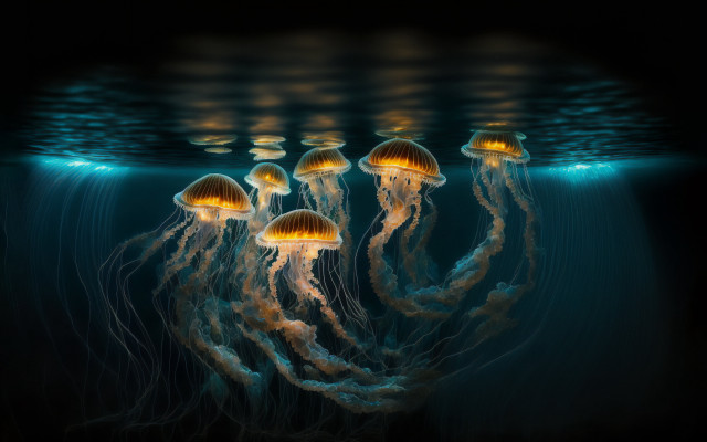 Jellyfish ocean bioluminescence reflection ripples free wallpaper for desktop - medium preview image