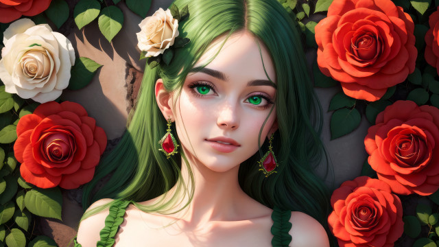 Green hair green eyes roses free wallpaper for desktop - medium preview image