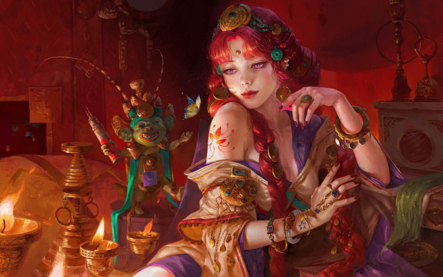 Red haired woman jewelry candles free wallpaper for desktop - medium preview image