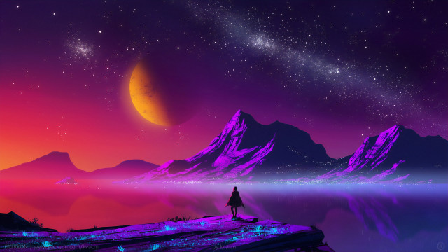 Starry sky moon hill mountains free wallpaper for desktop - medium preview image