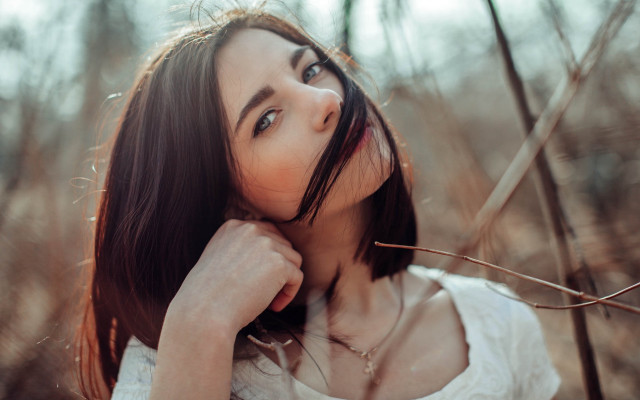 Woman white shirt posing woods free wallpaper for desktop - medium preview image