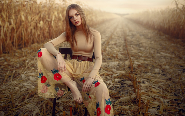Woman cornfield redflower fashion impressionist free wallpaper for desktop - medium preview image