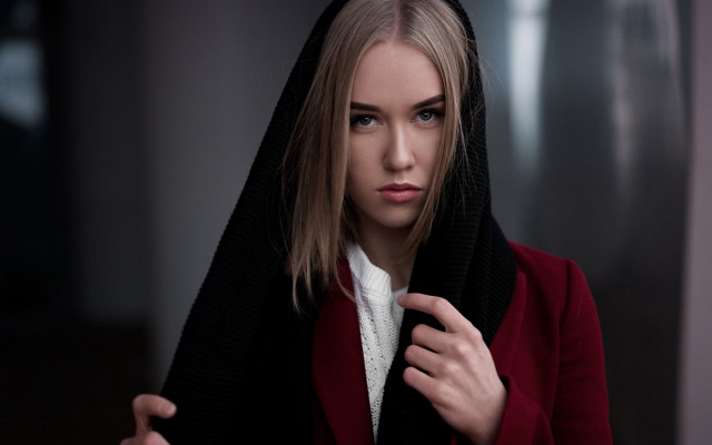 Woman red jacket black hoodie free wallpaper for desktop - medium preview image