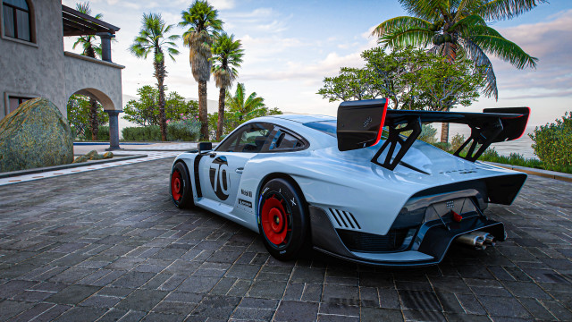 White racecar brickroad palmtree clockbuilding free wallpaper for desktop - medium preview image