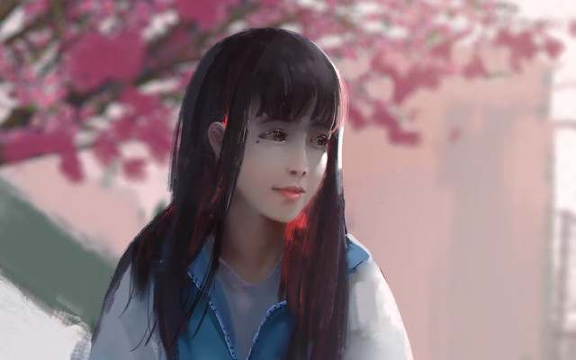 Girl blue shirt long hair free wallpaper for desktop - medium preview image