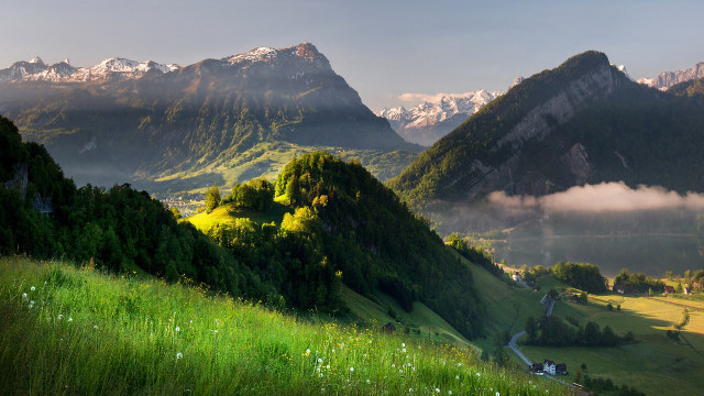 Green valley mountains river houses free wallpaper for desktop - medium preview image