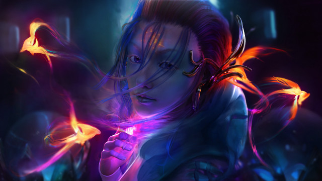 Woman butterfly neon dark cyberpunk free wallpaper for desktop - medium preview image