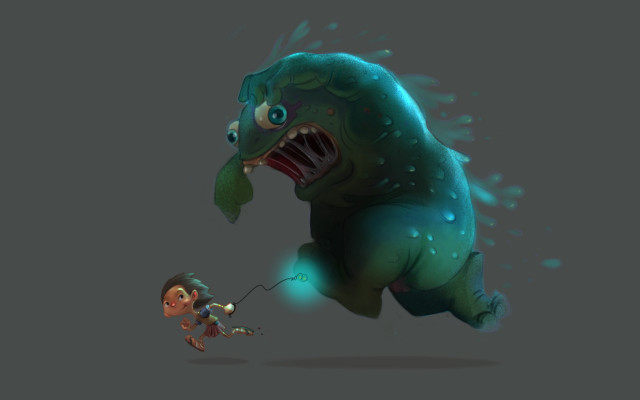 Cartoon character chasing monster lightsaber free wallpaper for desktop - medium preview image