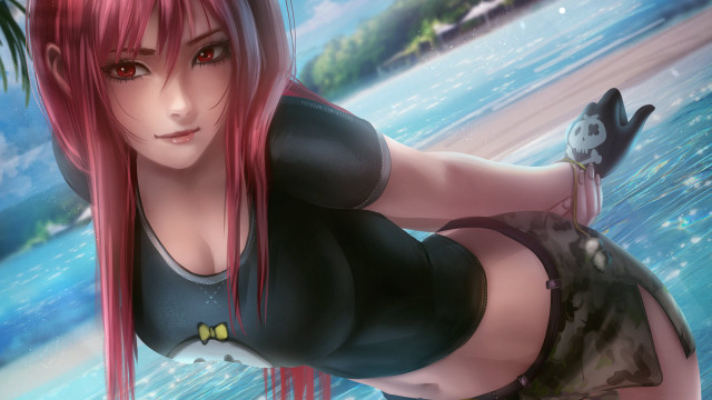 Pink hair beach pose anime free wallpaper for desktop - medium preview image