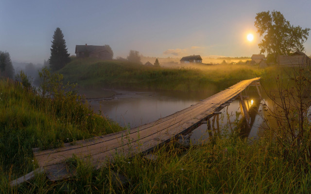 Wooden bridge river foggy field free wallpaper for desktop - medium preview image