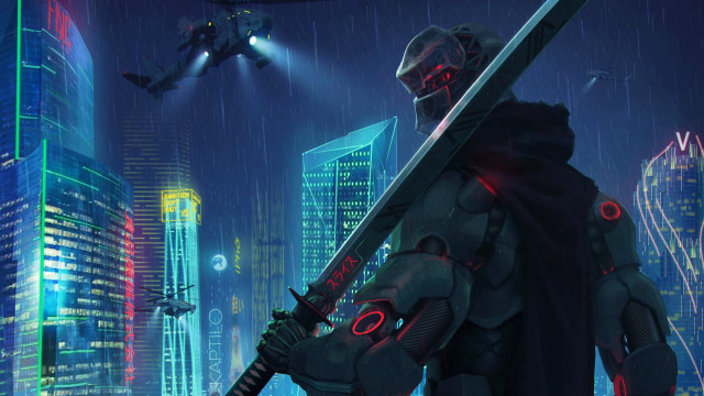 Futuristic man sword helicopter cyberpunk free wallpaper for desktop - medium preview image