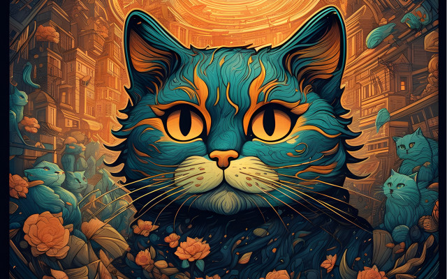 Cat orange eyes blue tail free wallpaper for desktop - medium preview image