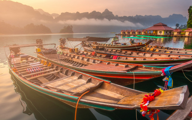 Boats lake mountains fog architecture free wallpaper for desktop - medium preview image