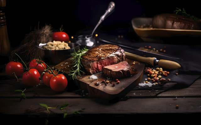 Steak cuttingboard tomatoes 3dfoodphotography apple free wallpaper for desktop - medium preview image