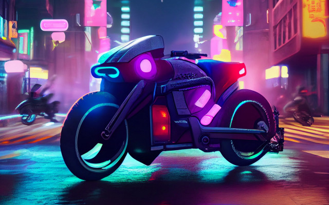 Futuristic motorcycle neon city synthwave free wallpaper for desktop - medium preview image