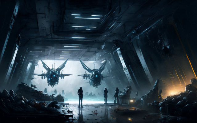 Sci fi hangar fighterjets man free wallpaper for desktop - medium preview image