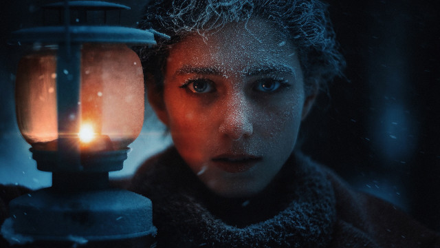 Woman lantern snow night glowing free wallpaper for desktop - medium preview image