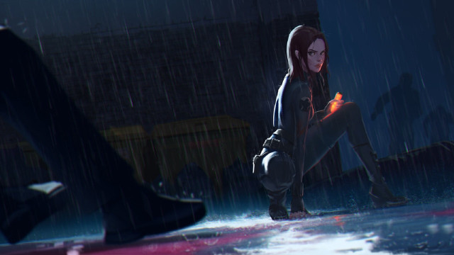 Woman kneeling rain umbrella handbag free wallpaper for desktop - medium preview image